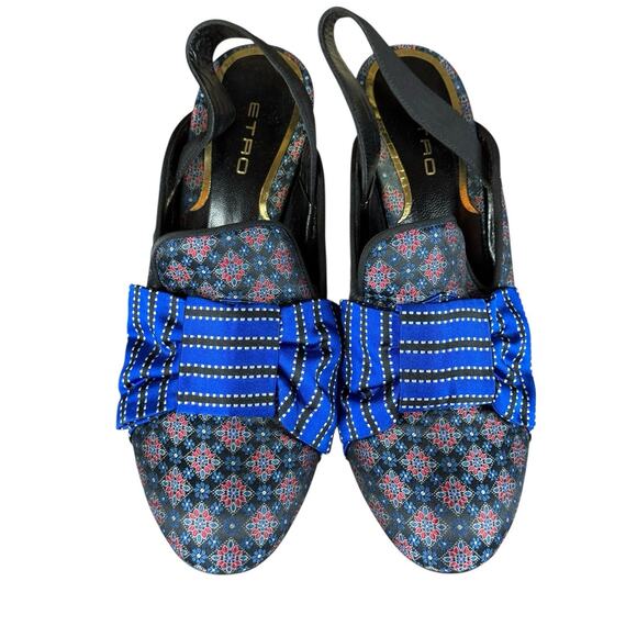 Etro Blue Bow Slingback Heels Sz 40 Brocade Suede Block Heels Made in Italy - Picture 3 of 8